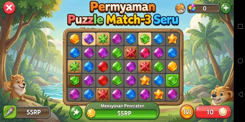 Gameplay seru Match-3 di 55RP dengan grafis menarik.