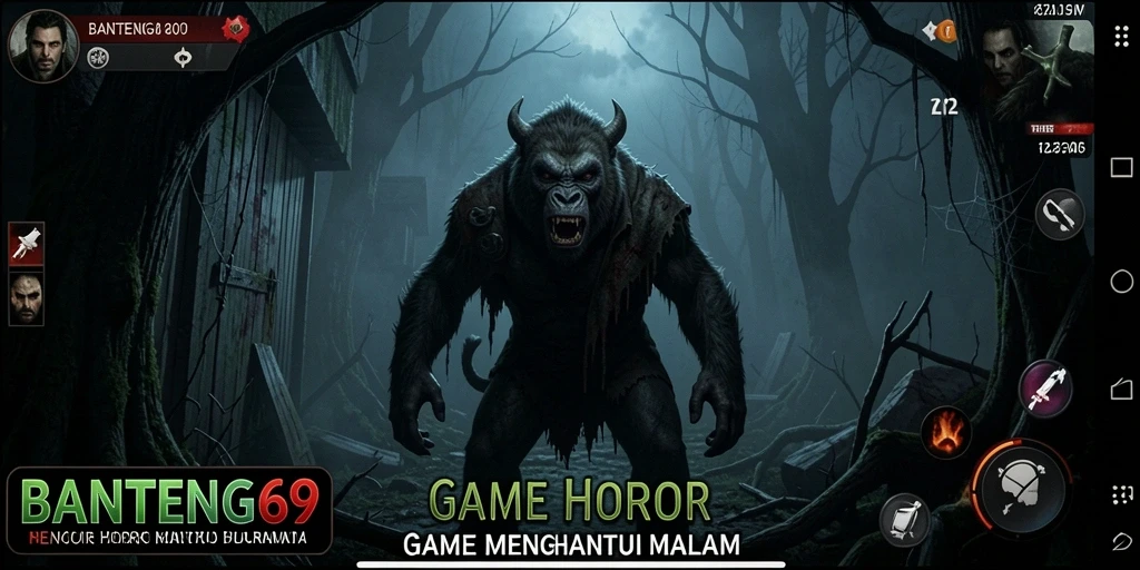 Screenshot gameplay BANTENG69 yang menunjukkan momen menyeramkan dalam kegelapan.