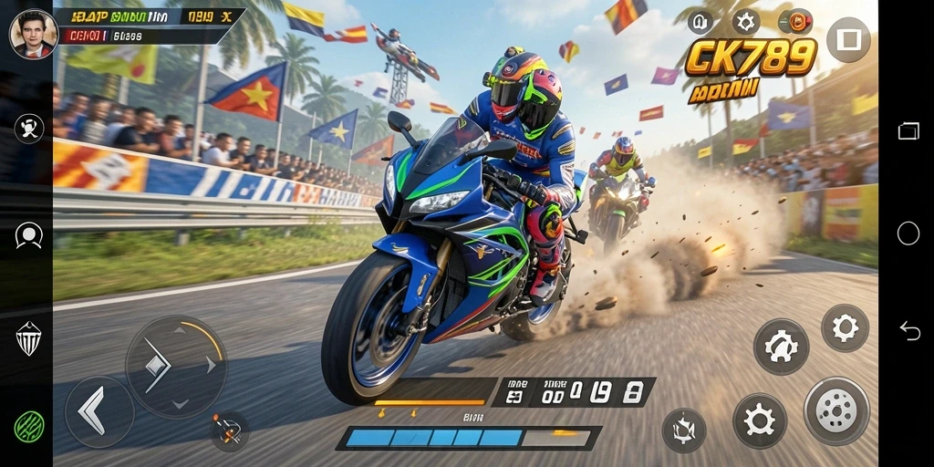 Screenshot CK789 menampilkan aksi balap motor yang mendebarkan.