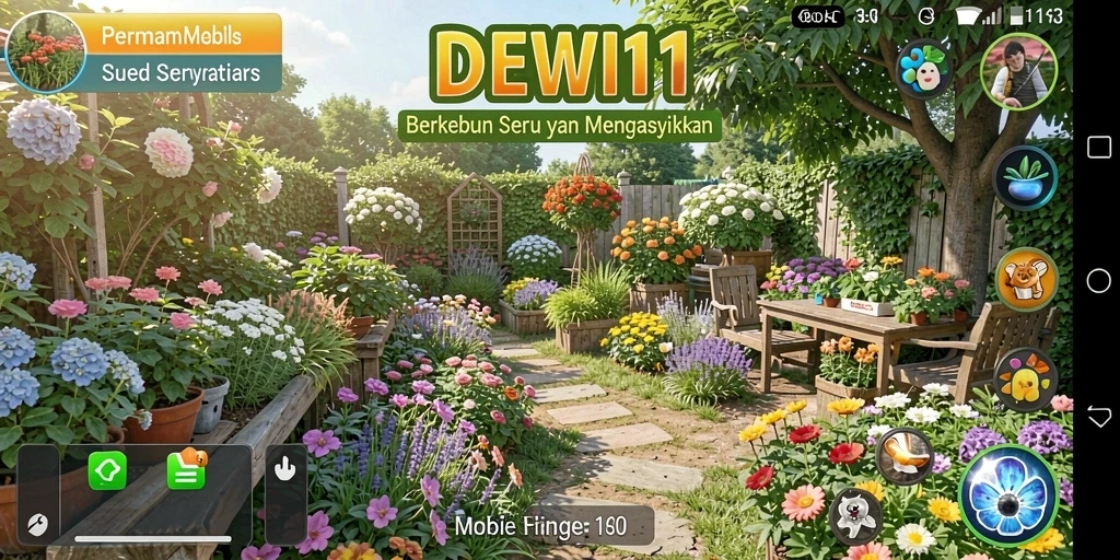 Tangkapan layar gameplay DEWI11 yang menampilkan kebun yang indah dan penuh warna.
