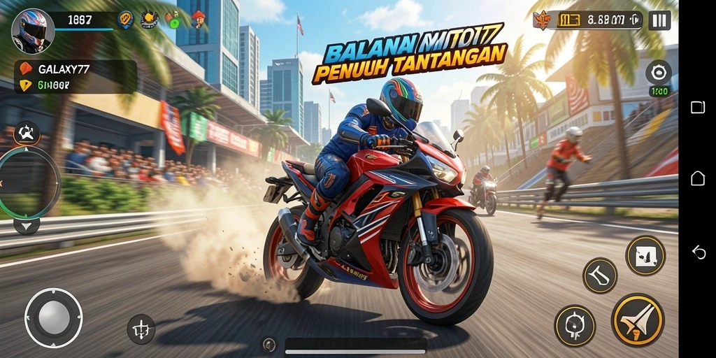 Tampilan gameplay GALAXY77 yang menegangkan saat balapan motor.