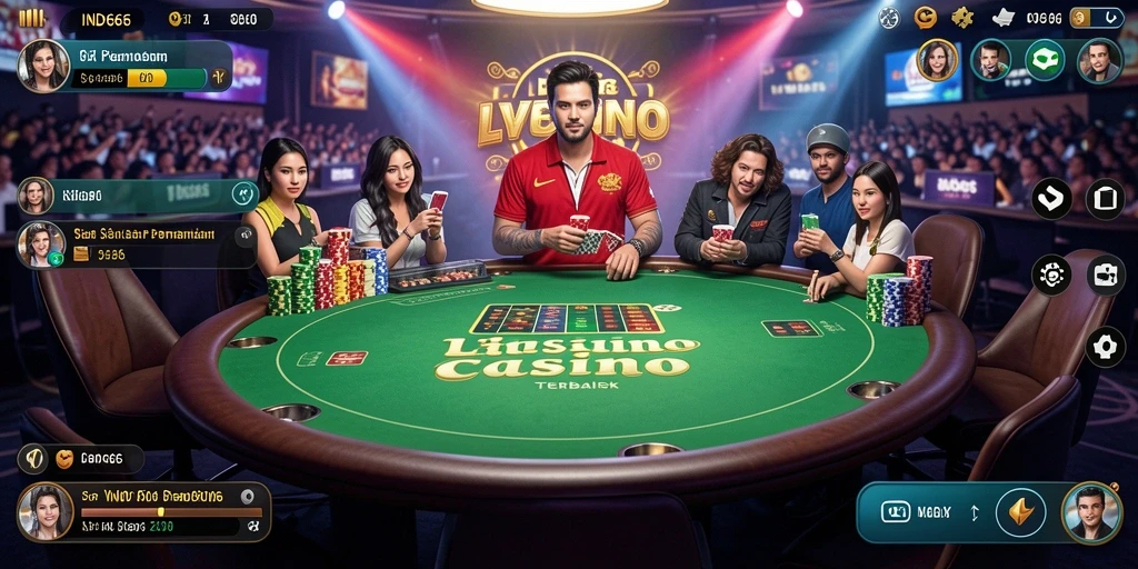 Screenshot IND666 menampilkan dealer langsung dan suasana kasino yang mengesankan.