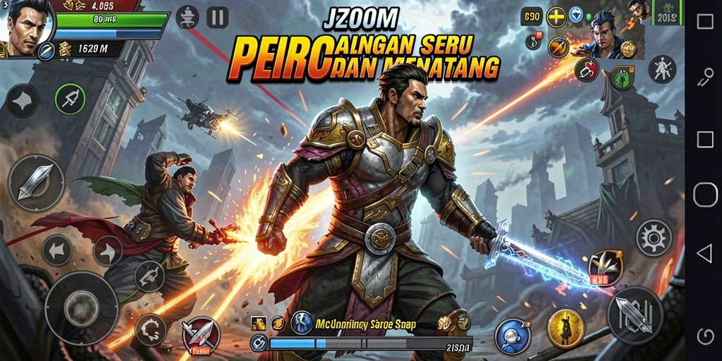 Screenshot gameplay J200M menampilkan pertarungan epik antar karakter.