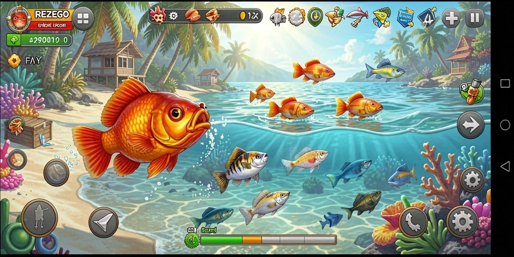 Screenshot gameplay REZEGO menampilkan aksi menangkap ikan yang seru.